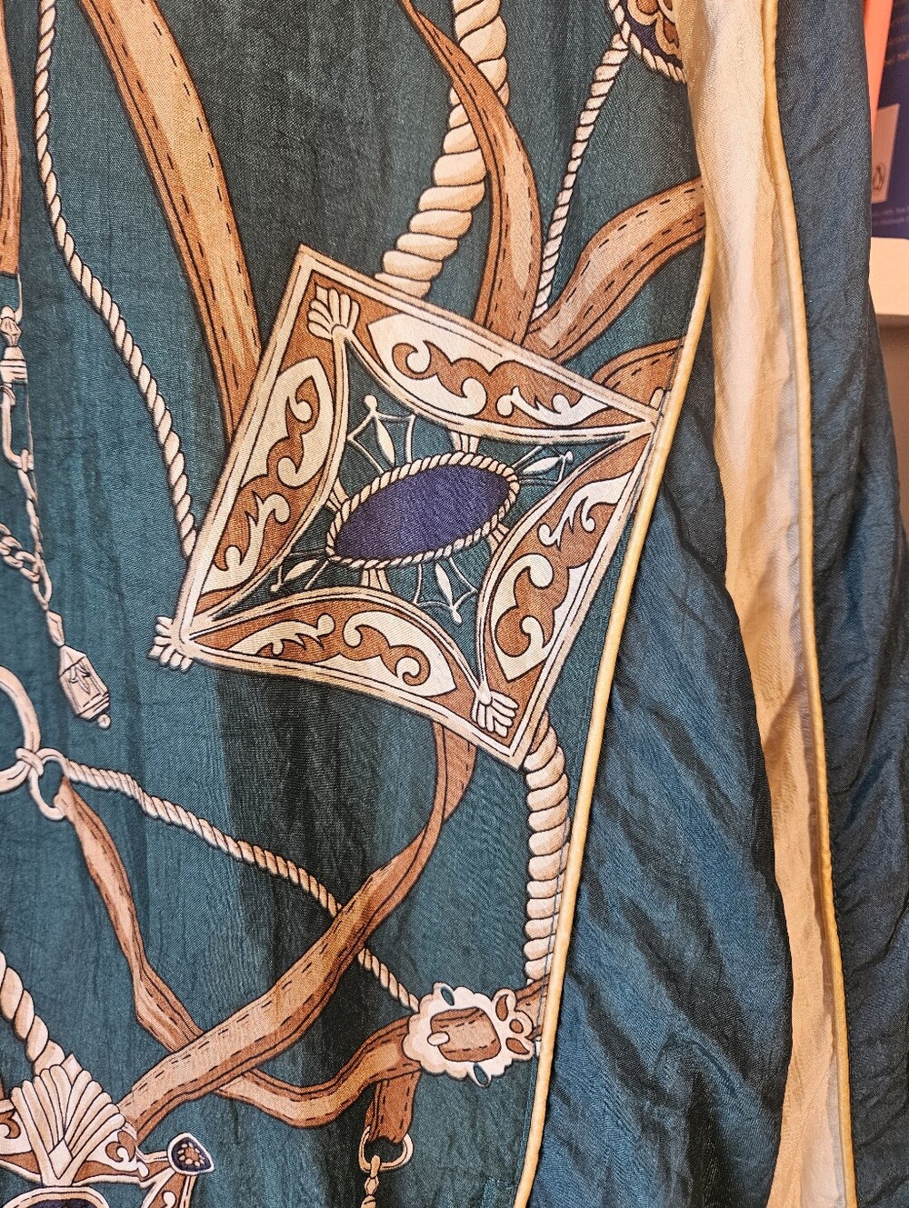 Vintage Bomber Jacket Equestrian Gold Chain Print Teal Cream Ornate Size XL - Picture 2 of 6